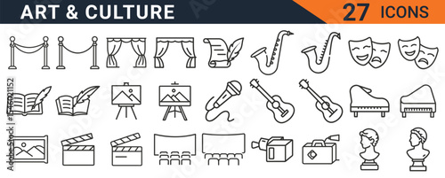 Art & Culture Vector Icon Set | Adjustable Line Weight | Theater, music, painting, sculpture, photography, cinema, dance, gallery, instruments, performance, film, exhibition, creative arts icons.