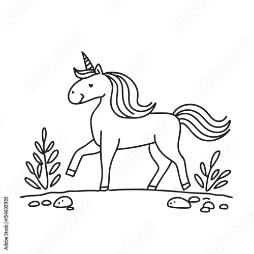 A unicorn pacing quietly across a wooded narrow path