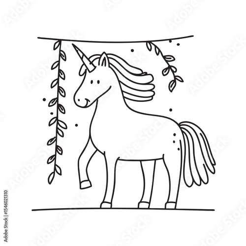 A unicorn pushing past vines with the tip of its horn