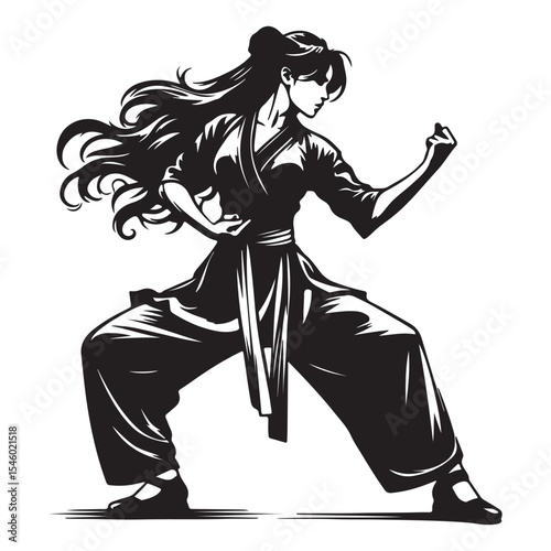 Vigilant woman martial artist showing keen awareness and readiness for any situation - woman martial artist silhouette - woman martial artist Vector - Silhouette of woman martial artist
