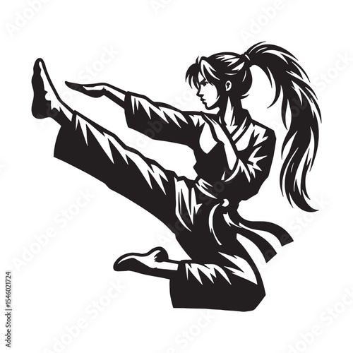 Balanced woman martial artist maintaining perfect stability during complex moves - woman martial artist silhouette - woman martial artist Vector - Silhouette of woman martial artist
