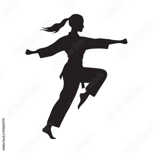 Quick lady martial artist reacting with rapid speed and decisive action - lady martial artist silhouette - lady martial artist Vector - Silhouette of lady martial artist
