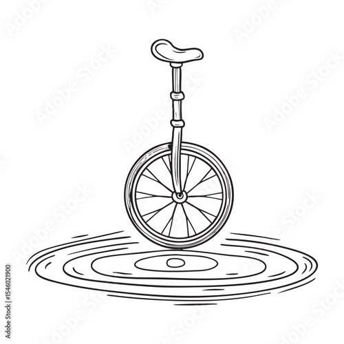 A unicycle parked close to a chalk ring drawn on pavement