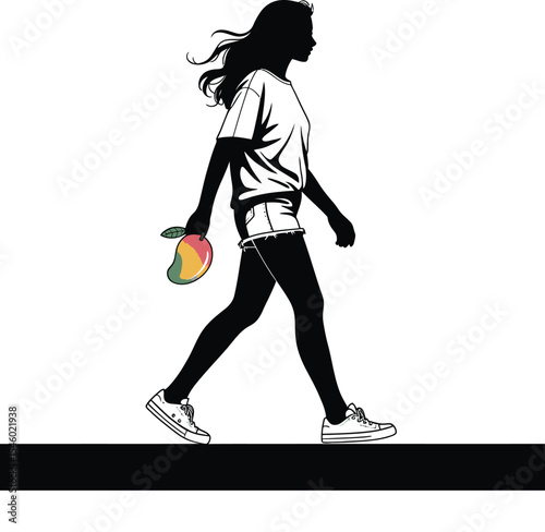 Silhouette of a young woman walking, holding a mango, summer style