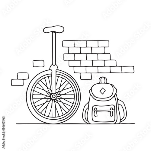 A unicycle standing against a brick wall next to a schoolbag