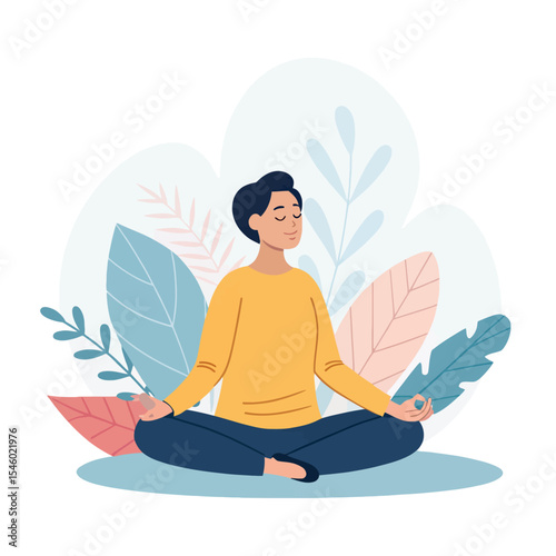 Tranquility in Bloom: A peaceful moment of inner harmony as a person meditates amidst a backdrop of serene, stylized leaves and blossoms, embracing mindfulness and self-care.