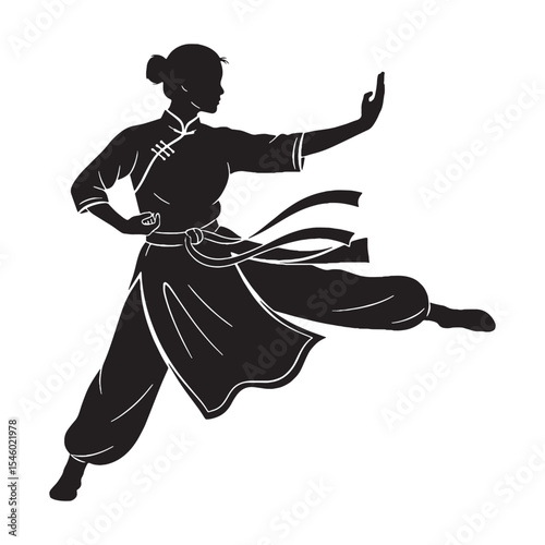 Masterful lady martial artist displaying expert skill and refined technique in action - lady martial artist silhouette - lady martial artist Vector - Silhouette of lady martial artist
