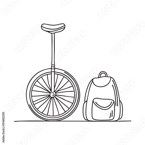 A unicycle propped beside a brick wall and a backpack