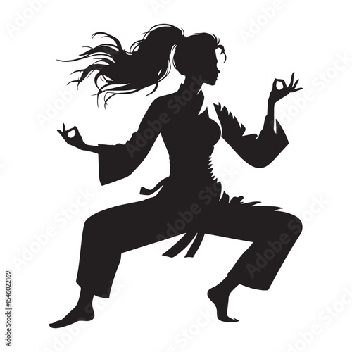 Disciplined lady martial artist showing strict adherence to proper form and technique - lady martial artist silhouette - lady martial artist Vector - Silhouette of lady martial artist
