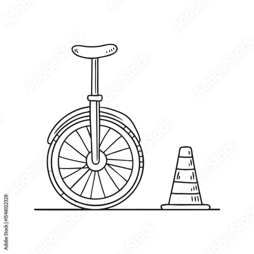 A unicycle resting next to a traffic cone on the sidewalk