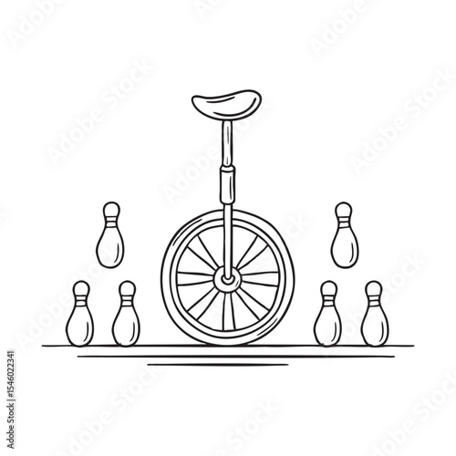A unicycle set beside juggling tools lying on pavement