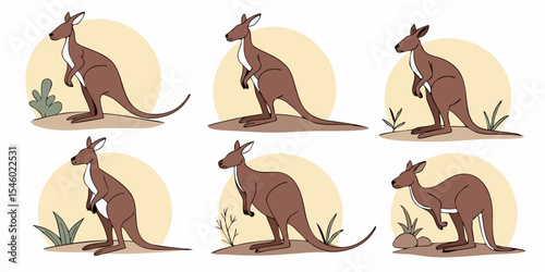 Kangaroo Cartoon Vector Set – Cute Australian Wildlife Animal Illustrations for Kids Projects, Nature Education, Safari Posters, Stickers, and Desert Landscape Clipart