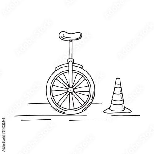 A unicycle lying close to a single traffic cone on pavement