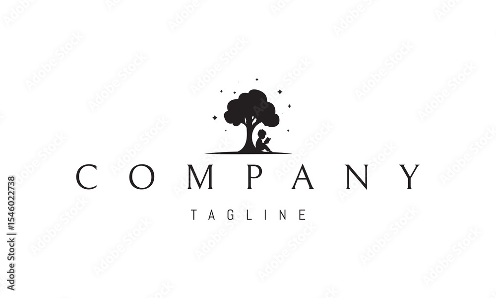 Vector logo with an abstract image of a child reading a book under a tree. Vector logo with an abstract image of a child reading a book under a tree.