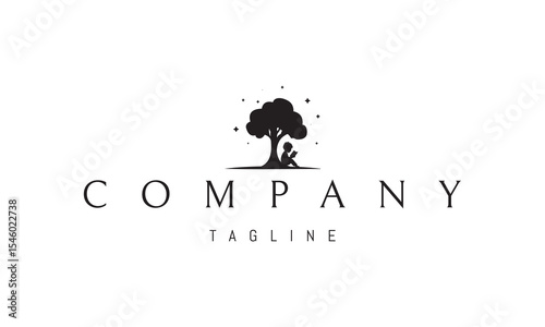 Vector logo with an abstract image of a child reading a book under a tree.