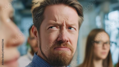 A close-up of a middle-aged Caucasian businessman sitting in a meeting room, displaying a bored and disengaged expression