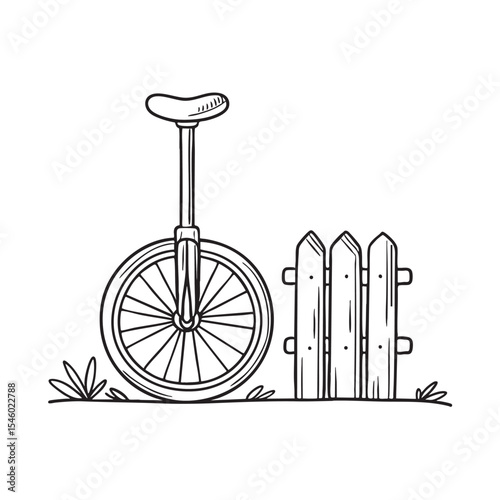A unicycle standing near a post at the edge of a fence