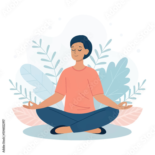 Serene Meditation: A young man sits cross-legged in a lotus position, finding peace and balance amidst stylized flora.