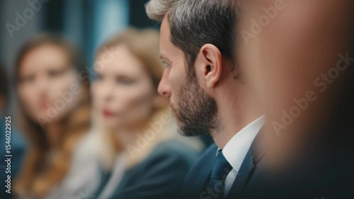 A close-up of a middle-aged Caucasian businessman sitting in a meeting room, displaying a bored and disengaged expression
