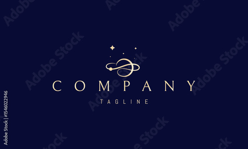 Vector golden logo with an abstract image of a planet with a single line orbit.