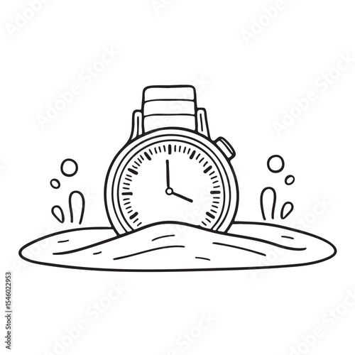 A timepiece resting facedown in the sand under water