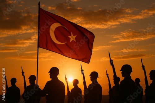 The Turkish Flag with Soldiers: A poignant silhouette of soldiers saluting the Turkish flag against the backdrop of a setting sun, evoking patriotism and solemnity.