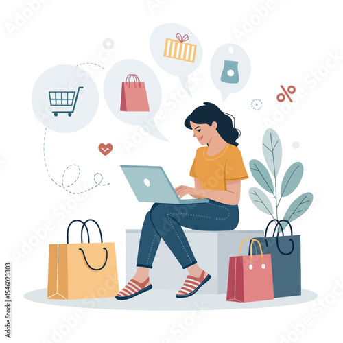Online Shopper Bliss: An illustrated scene of a woman happily shopping online with her laptop, surrounded by shopping bags and thought bubbles filled with products and discounts.