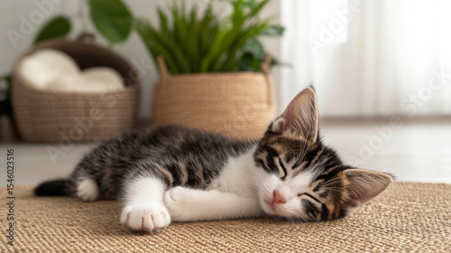 Kitten sleeping peacefully on textured mat with houseplants in cozy room
