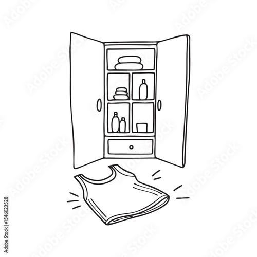 An undershirt on the floor beneath a wardrobe