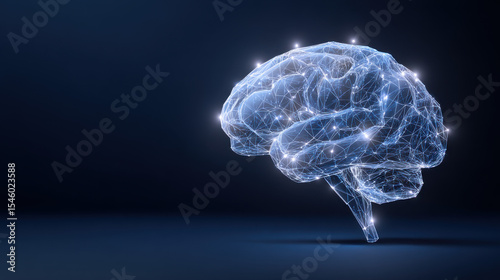 Brain injury awareness month concept with glowing low poly brain. Wireframe low poly style. Abstract modern 3d vector illustration on dark blue background.