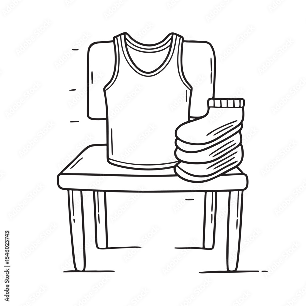 An undershirt draped over a chair with a pair of clean socks