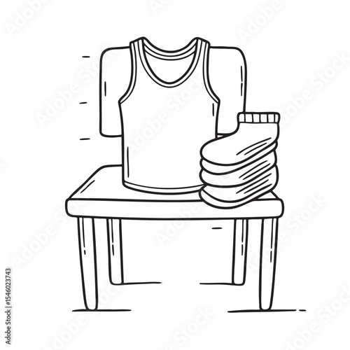 An undershirt draped over a chair with a pair of clean socks