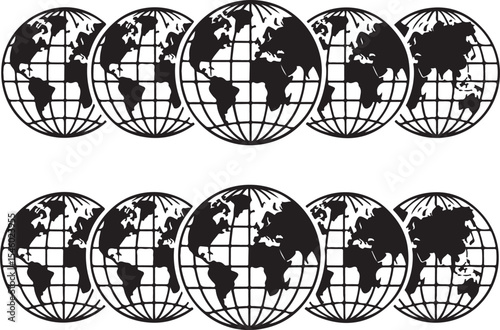 Monochrome Earth Globes Arranged in Two Rows, Representing Geography, Cartography, and Global Interconnectivity with a Vintage or Graphic Design Aesthetic