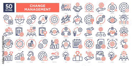 change management icons collection set, including leadership, strategy, adaptation, teamwork, and process improvement. Ideal for presentations, infographics, and business materials.