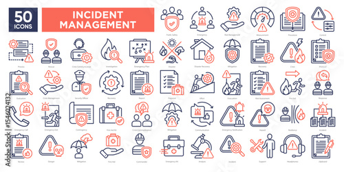 Incident management icons collection set, including emergency response, risk assessment, crisis communication, and recovery. Ideal for safety materials, infographics, and presentations.