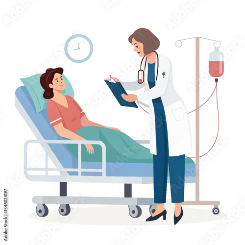 Medical Consultation: A compassionate doctor reviews a patient's chart in a hospital room. The scene embodies professional care.