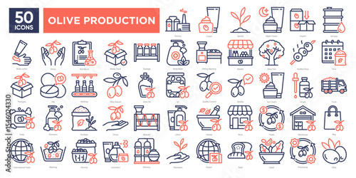 Olive Production icons themed around olive production, including harvesting,processing,cosmetics,storage,and trade. Perfect for presentations,infographics,and industry-related designs.