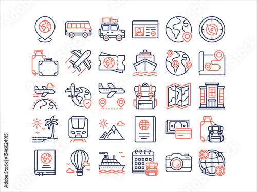 Travel icons collection set, including transportation, destinations, travel essentials, and accommodations. Perfect for travel apps, guides, infographics, and tourism-related designs.