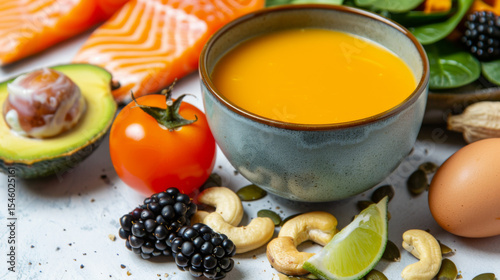 Keto diet bone broth with avocado, lime, tomatoes, and cashews, concept for healthy eating