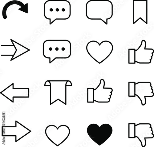 A versatile collection of essential monochrome user interface icon

s for social media, web, and app design, featuring like, heart, and comment symbols.