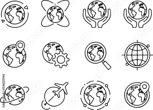 Diverse Global Icon Set Representing Connectivity Technology and Exploration Featuring Earths Hands Airplanes and More