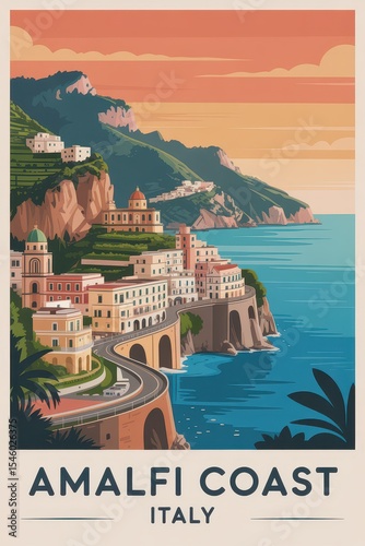 Vintage Travel Poster of Amalfi Coast Cliffside Seaside Town, Italy

