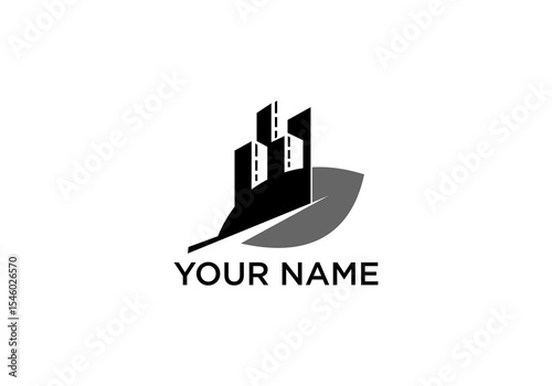 Abstract Eco-Friendly Building Logo with Leaf Design in Monochrome Style