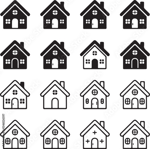 Collection of House Icons A Variety of Simple Home Designs with Varying Window and Door Styles, Representing Shelter and Community