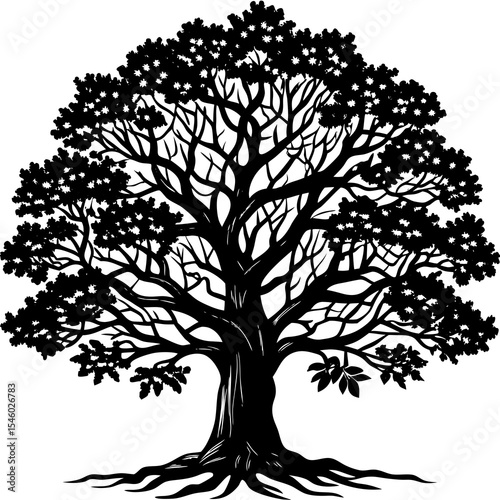 A massive ancient tree stands at the center of an enchanted forest, its roots sprawling like rivers and its branches touching the sky. Around it, five unique characters gather: a wise old wizard with 