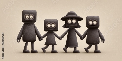 A playful family of four whimsical characters with geometric shapes color-blocked design in a warm neutral background expressing unity and joy in a captivating modern aesthetic