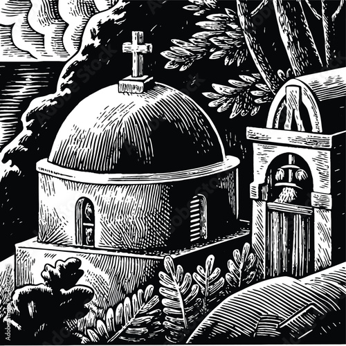 Old European city architecture drawing of the Church of the Holy Sepulchre in Jerusalem