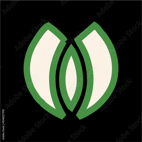 Minimalist Green Symmetrical Leaf Icon on Black Background – Eco and Wellness Vector Symbol,A modern vector illustration of two green symmetrical leaf or wing-like shapes forming a mirrored design ove