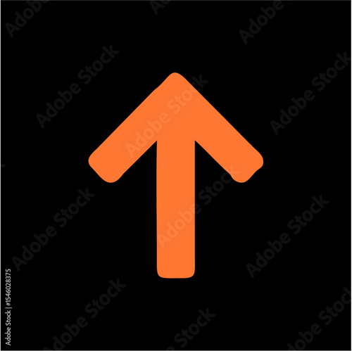 Minimalist Orange Upward Arrow Icon on Black Background – Symbol of Growth and Advancement,A clean, tapered orange arrow pointing upward, placed on a deep black background. The symmetrical geometry an