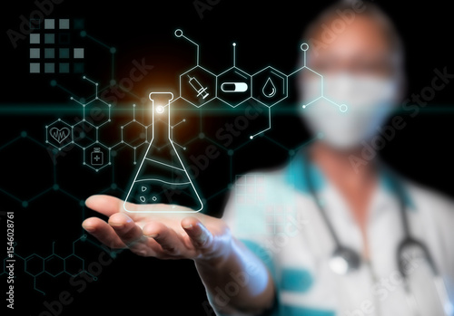Healthcare professional presents laboratory flask amid digital health icons in a modern setting during a clinical study